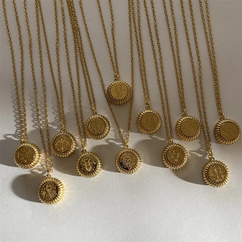 Wholesale 201 Stainless Steel 304 Stainless Steel Gold Plated Retro Plating Constellation Pendant Necklace