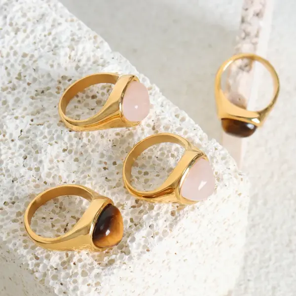 Wholesale 304 Stainless Steel Geometric PVD Coated Crystal Tiger Eye 18K Gold Plated Real Gold Plated Vintage Style Waterproof Non Tarnish Plating Inlay Rings