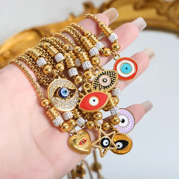 Wholesale 304 Stainless Steel Heart Shape Eye PVD Coated Zircon 18K Gold Plated Real Gold Plated Luxurious Tropical Shiny Waterproof Non Tarnish Enamel Plating Bracelets Drawstring Bracelets