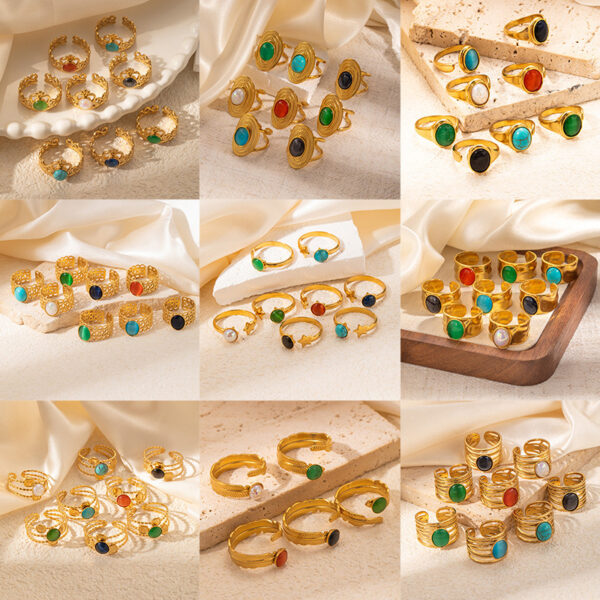 Wholesale French High-End Titanium Steel Ring Multi-Color Natural Stone Retro Elegant Stainless Steel Live Mouth Adjustable Ring for Women