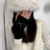 oly-55e3cbd1581480d087de99a8406d42be Wholesale Homemade Imitation Mink Hair Half Finger Gloves Bow Hot Drilling Warm Cute Finger Leakage Cold-proof Warm Finger Set Student Women
