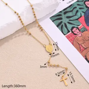 Goddess of the Cross Oval Card Light Gold round Beads Necklace (Gold) / Length: 360mm / 1 Strand/Package