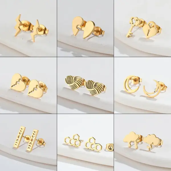 Wholesale PVD Coated 18K Gold Real Gold Plated Heart Shape Key Lightning 304 Stainless Steel Fashion Waterproof Non Tarnish Ear Studs