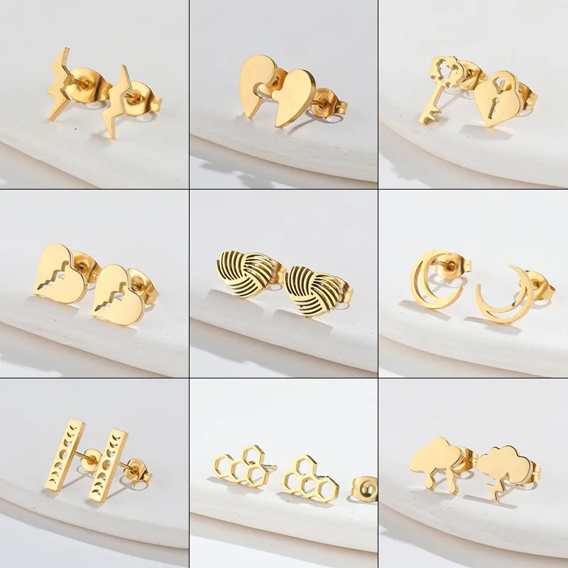 Wholesale PVD Coated 18K Gold Real Gold Plated Heart Shape Key Lightning 304 Stainless Steel Fashion Waterproof Non Tarnish Ear Studs