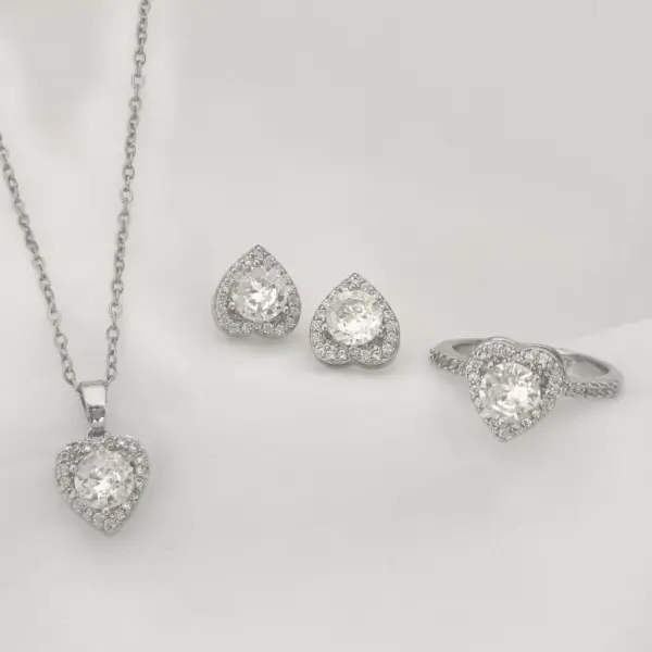 Wholesale Jewelry Elegant Heart Shape Titanium Steel Copper Zircon Inlay Rings Earrings Necklace Cable Chain