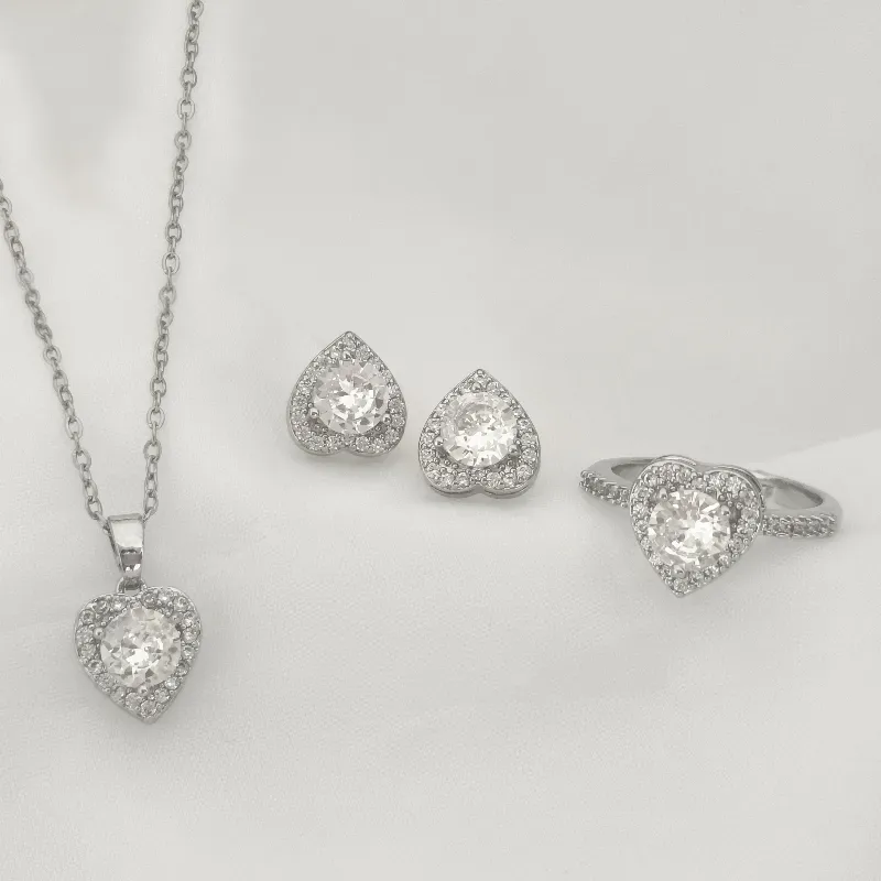Wholesale Jewelry Elegant Heart Shape Titanium Steel Copper Zircon Inlay Rings Earrings Necklace Cable Chain