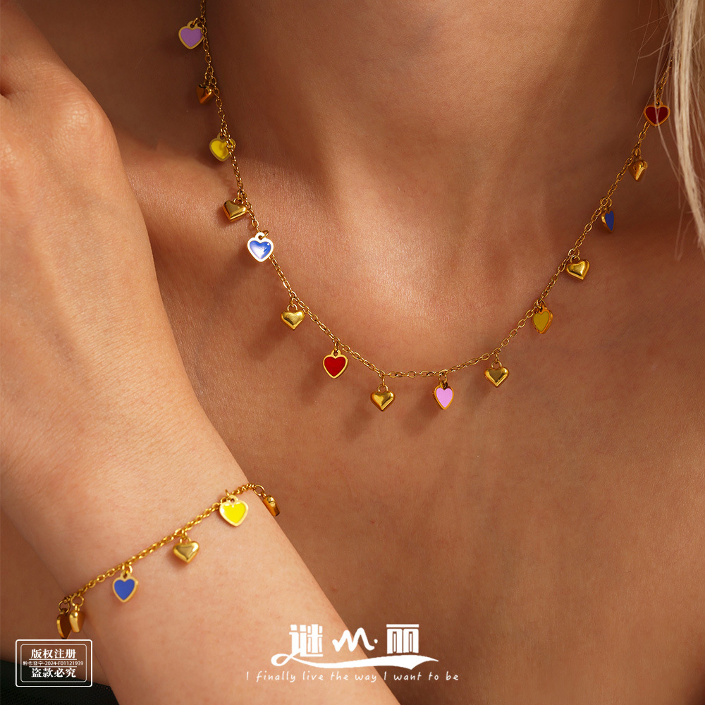 Wholesale Mystery Colorful Oil ipping Multi-love Pendant Aessories Clavicle Chain Niche Design Sense Bracelet Stainless Steel Cross-border suit