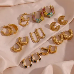 304 Stainless Steel U Shape Semicircle Stripe PVD Coated Rhinestones 18K Real Gold Plated 18K Gold Vintage Style Classic Style Waterproof Non Tarnish Enamel Plating Colorful White Gold Earrings