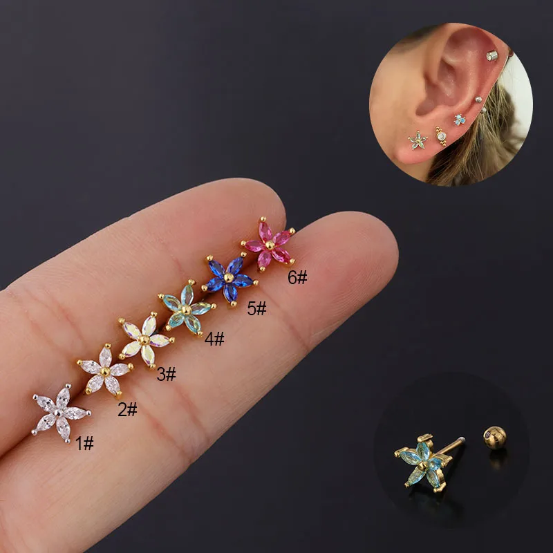 Wholesale Copper Artificial Gemstones Ear Cartilage Rings & Studs Flower Waterproof Non Tarnish Surgical Steel