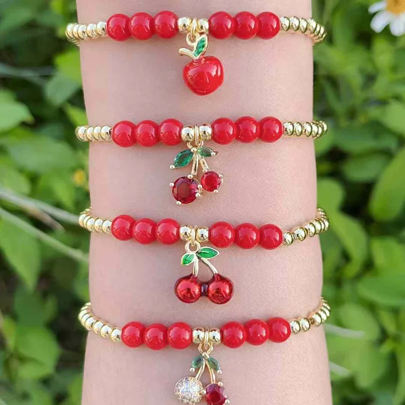 Wholesale Jewelry Casual Simple Style Cherry Apple Copper Zircon 18K Gold Plated Polishing Enamel Bracelets