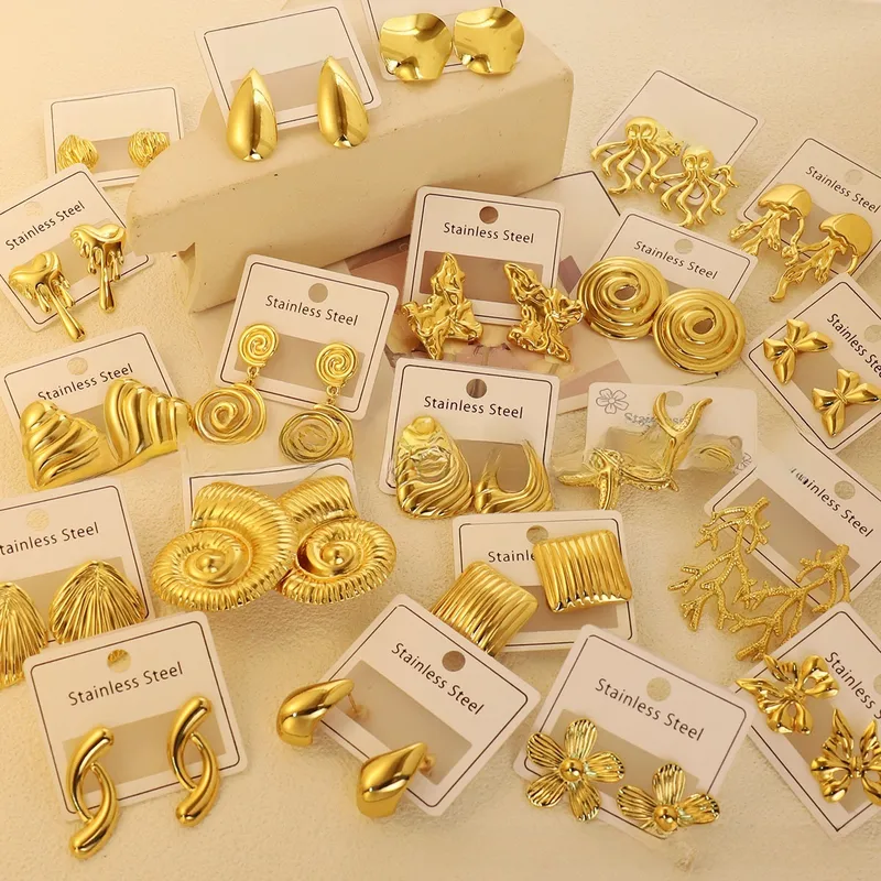 Wholesale High-End Vintage Stainless Steel Geometric Irregular Earrings 18K Gold Plated Non-Fading Studs Unisex Simple Style Jewelry