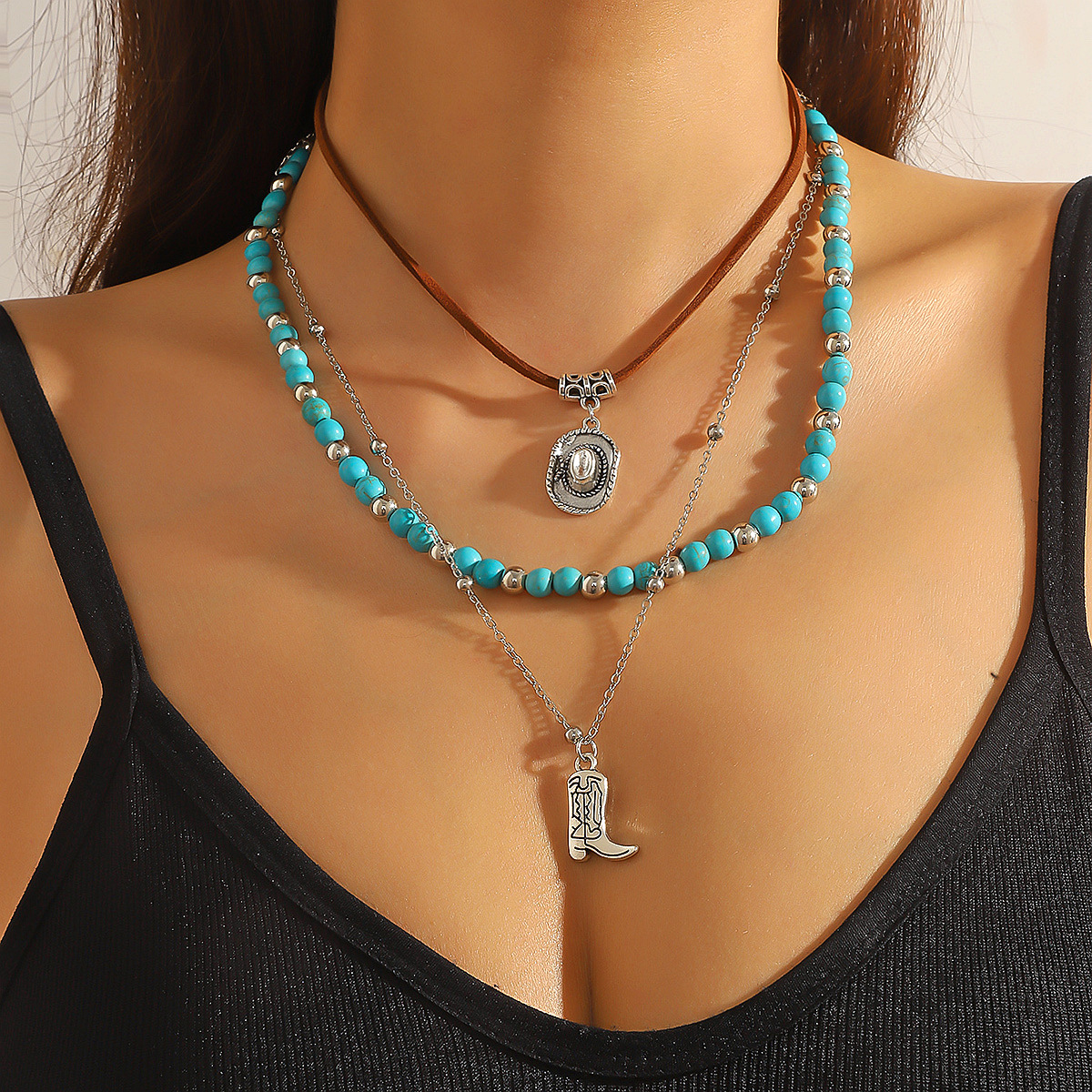Wholesale Western Cowboy Turquoise Leather Necklace