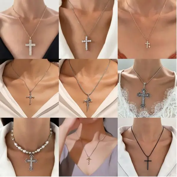 Wholesale Stainless Steel Copper Metal IG Style Plating Inlay Cross Rhinestones Zircon Artificial Pearls Necklace