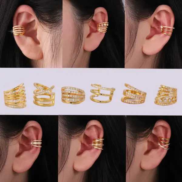 Copper Geometric Water Plating Zircon 18K Gold Plated IG Style Elegant Gold Ear Cuffs