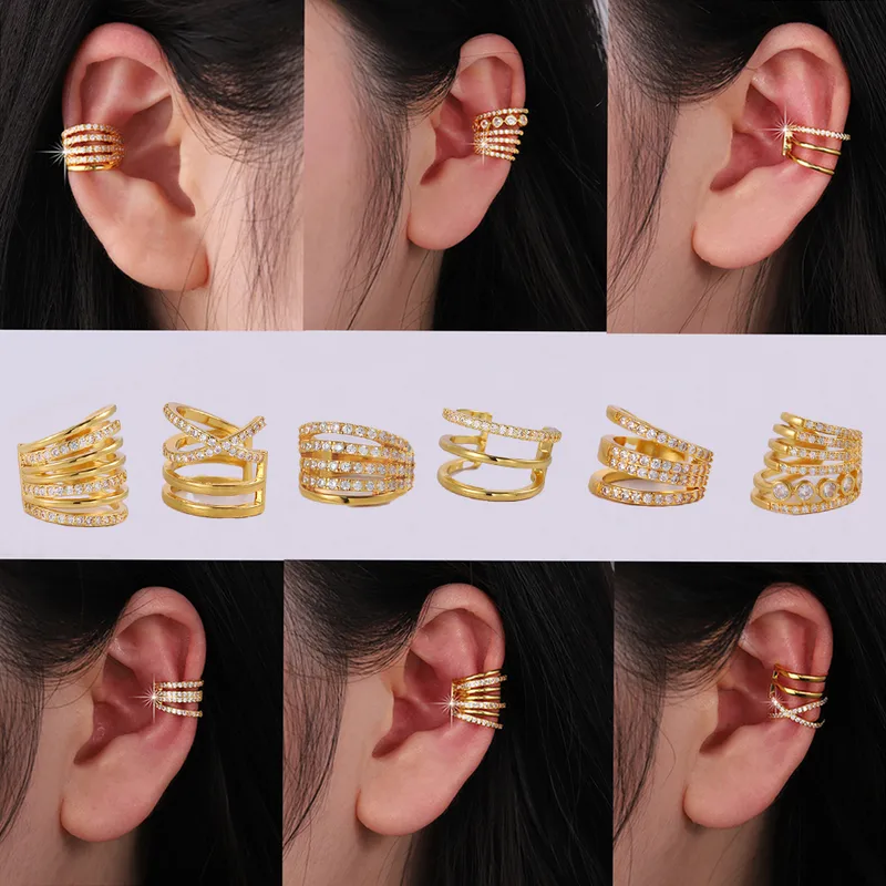 Wholesale Copper Geometric Water Plating Zircon 18K Gold Plated IG Style Elegant Gold Ear Cus
