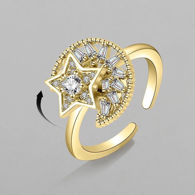 Wholesale Fashion Golden Star Moon Zircon Rotating Copper Open Ring