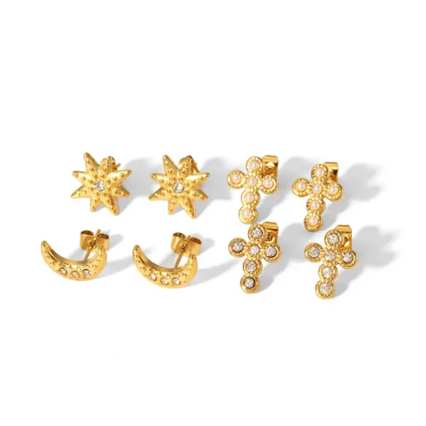 Wholesale PVD Coated Real Gold Plated 18K Gold Cross Moon 304 Stainless Steel Simple Style Waterproof Non Tarnish Ear Studs