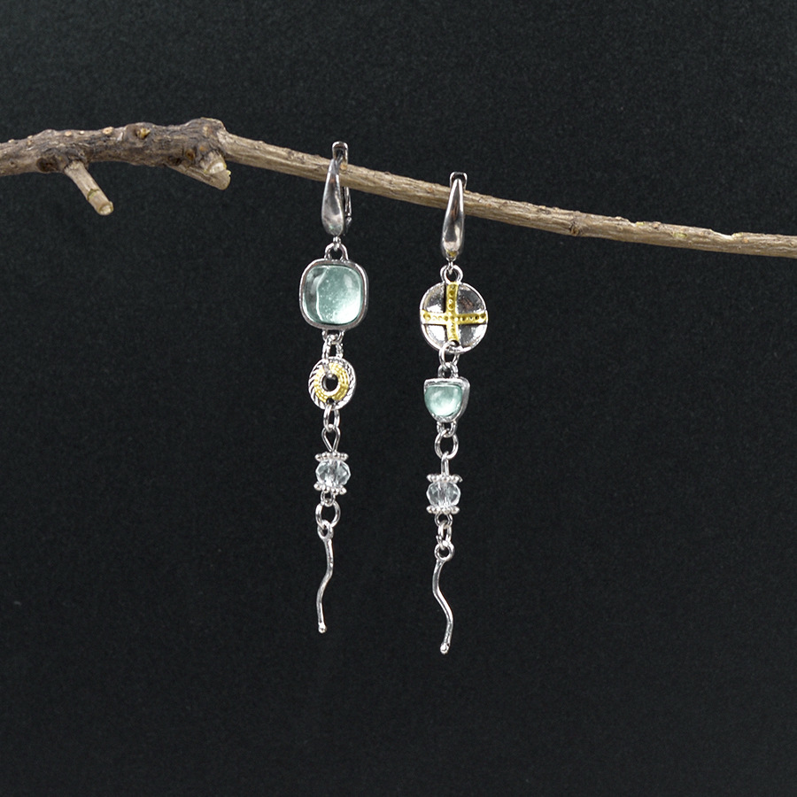 Wholesale Asymmetrical Sapphire Engraved Cross Earrings