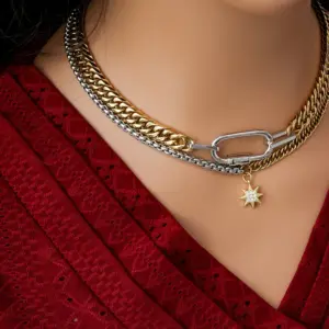 Wholesale 304 Stainless Steel Copper Star Oval PVD Coated 18K Real Gold Plated Retro Luxurious Gold Silver Pendant Necklace