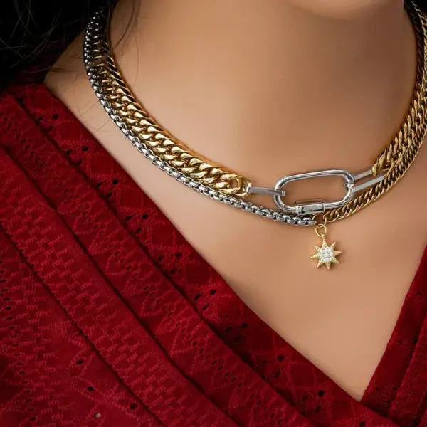 Wholesale 304 Stainless Steel Copper Star Oval PVD Coated 18K Real Gold Plated Retro Luxurious Gold Silver Pendant Necklace