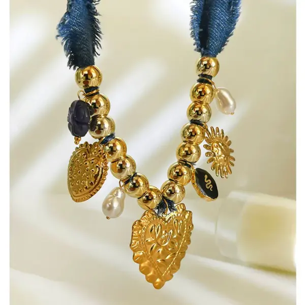 Wholesale 304 Stainless Steel Cloth Fabric Geometric Sun Heart Shape PVD Coated Acrylic Imitation Pearl Resin Real Gold Plated IG Style Vintage Style Luxurious Hypoallergenic Denim Rope Lobster Trigger Clasp Closure Gold Pendant Necklace