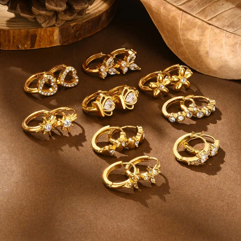 Wholesale 201 Stainless Steel Heart Shape Flower PVD Coated Zircon Real Gold Plated 18K Gold Basic Simple Style Waterproof Non Tarnish Earrings