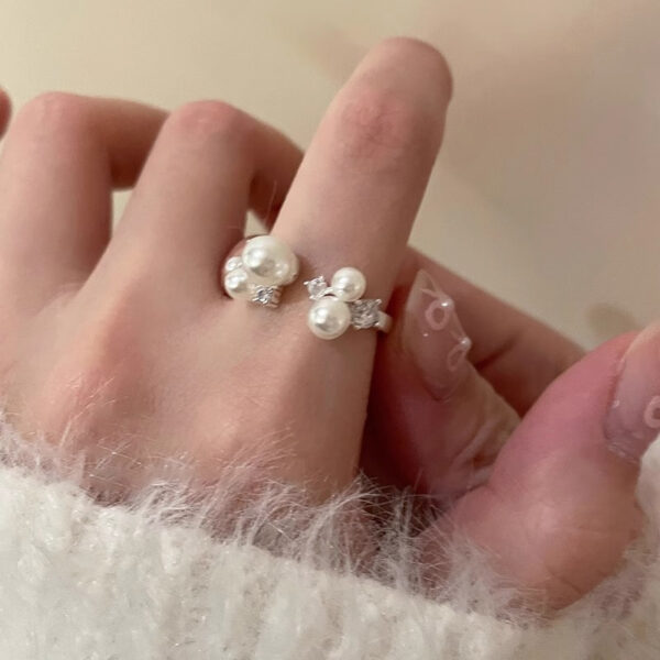 Wholesale Pearl Zircon Open Ring Women's Light Luxury High-end Finger Ring Niche Design Distinctive Exaggerated Decorative Ring