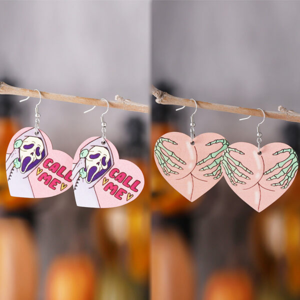 oly-56b456f17a53c8d3389e638a5571c14f Wholesale New cross-border Halloween quirky skull hand heart pendant earrings, wooden gothic style, double-sided quirky earrings