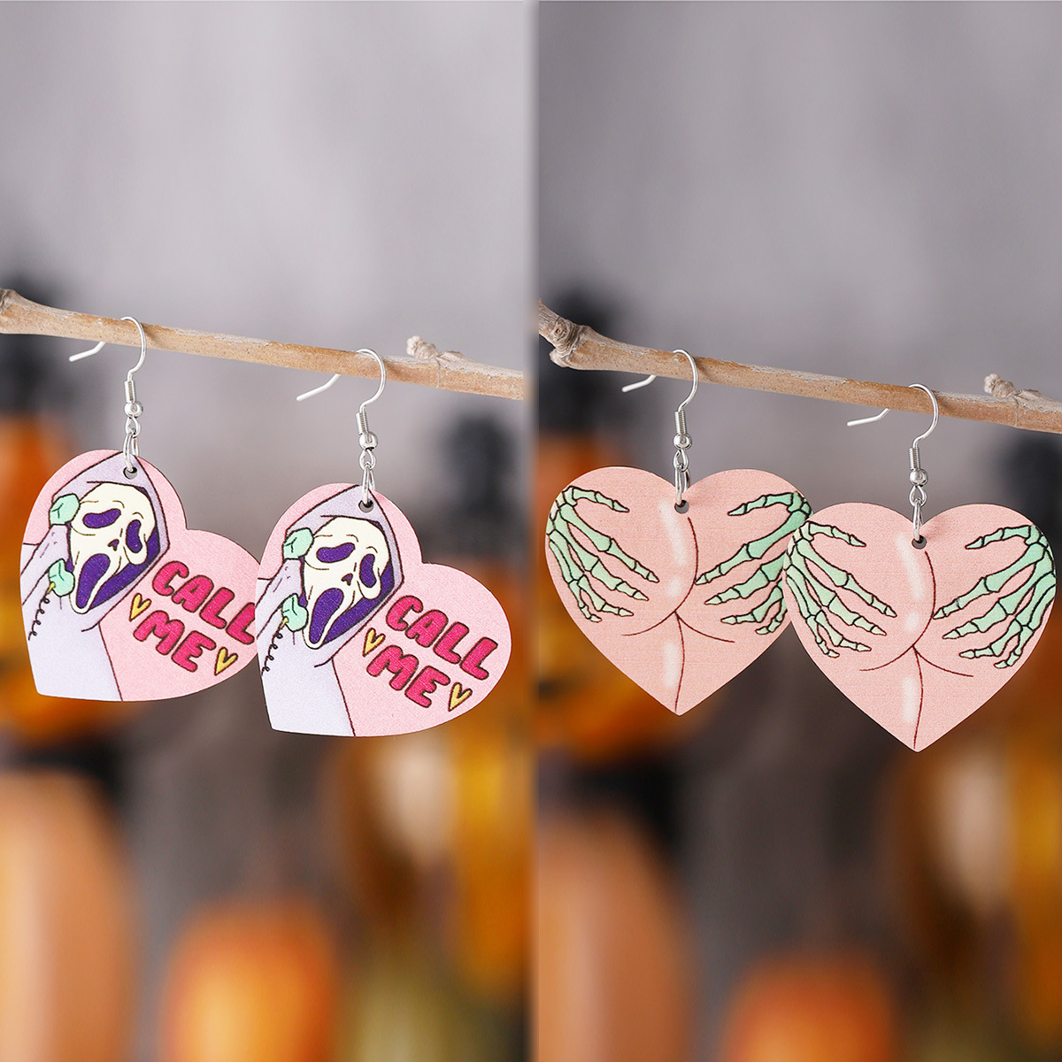 Wholesale New cross-border quirky skull hand heart pendant earrings, wooden gothic style, double-sided quirky earrings