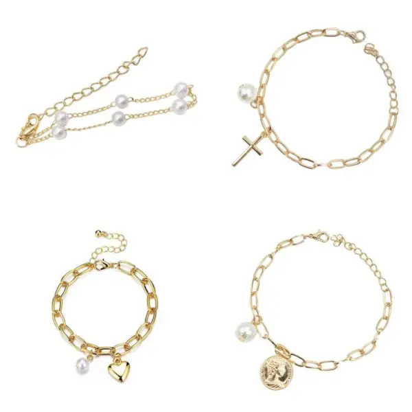 Wholesale Simple Style Cross Heart Shape Artificial Pearl Alloy Plating Gold Plated Women's Bracelets