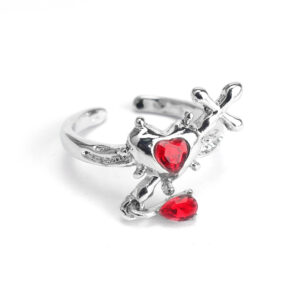 Cross piercing red love ring-silver 242