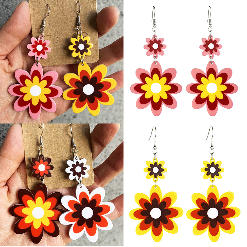Wholesale Amazon Sply Vintage Acrylic Oil Face Earrings Age Sense Multi-Layer Colorblock Floral Bohemian Earrings