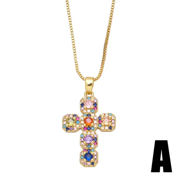 Wholesale Fashion Copper Inlaid Colored Zircon Cross Pendant Necklace Jewelry