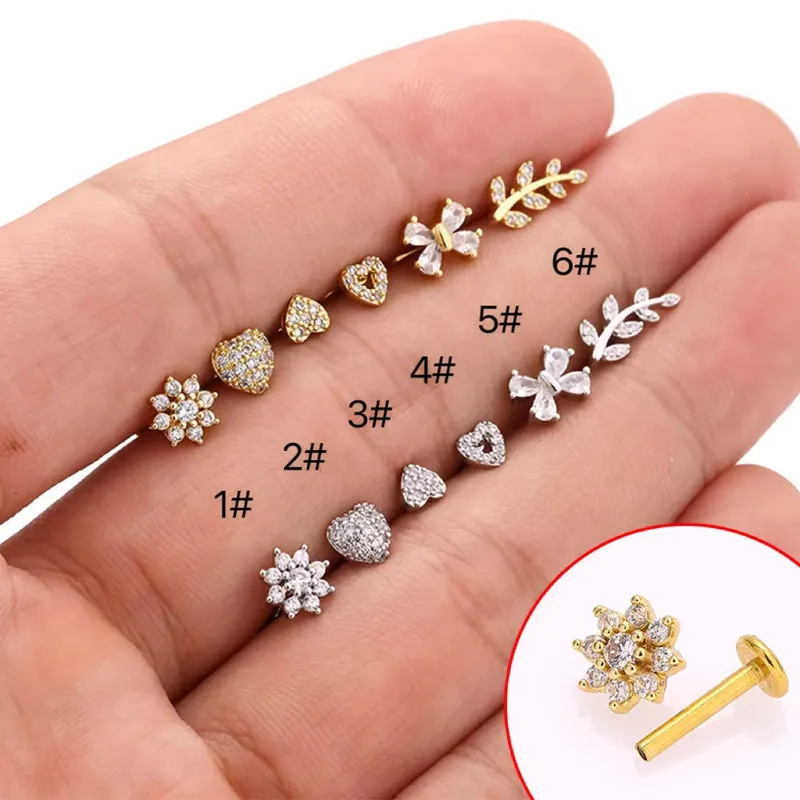 Wholesale 1 Piece Lip Rings Simple Style Commute Leaves Heart Shape Flower 316L Stainless Steel Waterproof Non Tarnish Surgical Steel Zircon Ion Plating (IP) 18K Gold Plated Ear Cartilage Rings & Studs