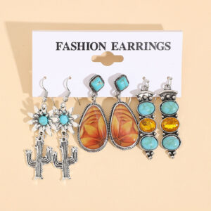 Wholesale Ethnic Feng Shui Rhinestone Western Cactus Turquoise Earrings