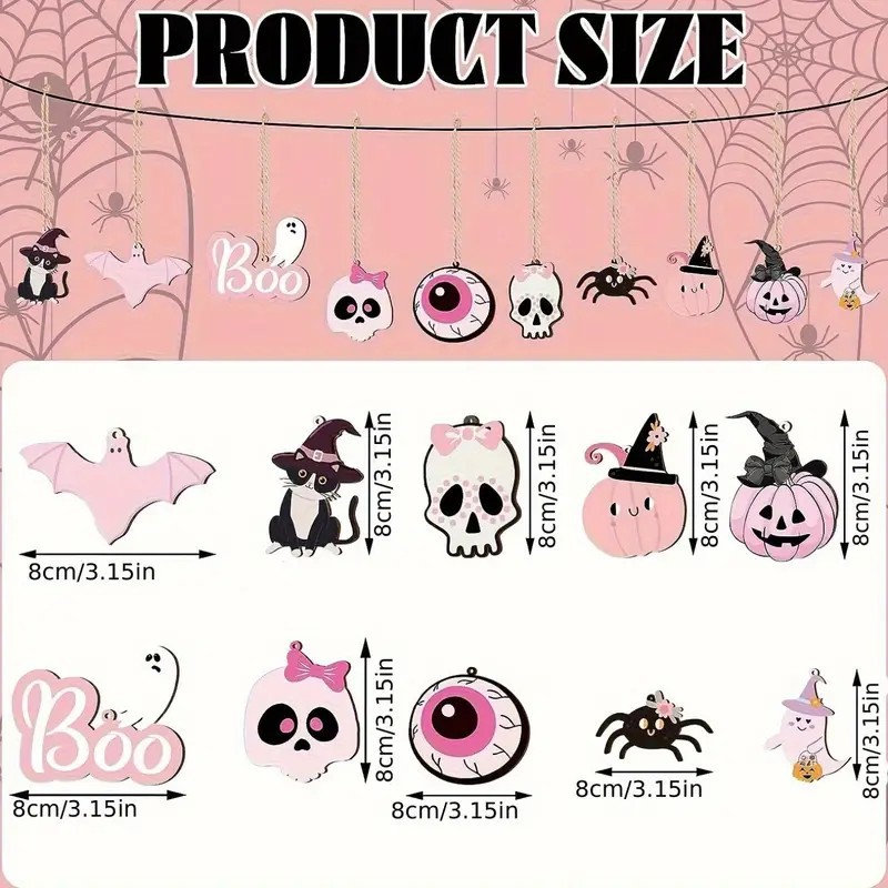 Wholesale Wooden Hanging Ornaments Pink Black Skull Pumpkin Cat Eyeball with Rope Party Splies