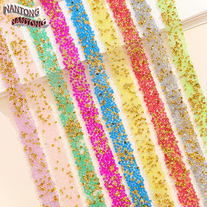 Wholesale Golden inted bottom rhinestone width 1.5cm fine bead double-sided adhesive hot melt adhesive ill strip