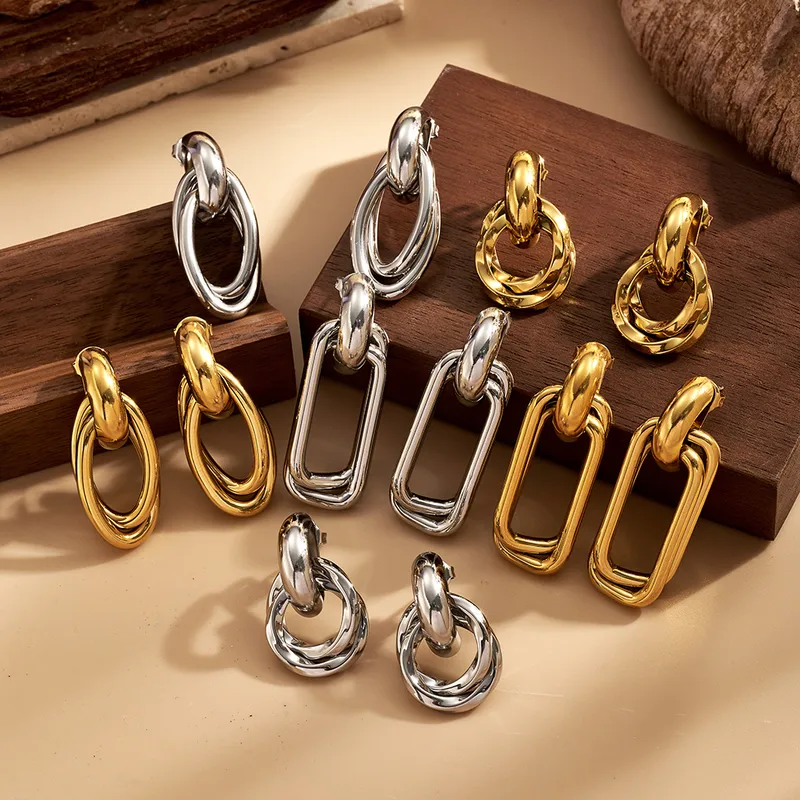 Wholesale 18K Gold Plated 304 Stainless Steel Furnace Vacuum Electroplating Modern Minimalist Double Circle Earrings