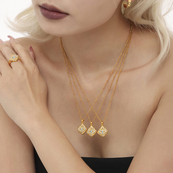 Wholesale INS Wind Magic Eye Diamond Block Pendant Collarbone Necklace Fashion Ring suit Titanium Steel PVD Plated 18K Gold