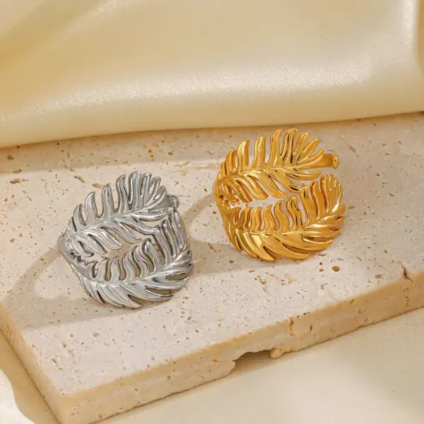 PVD Coated 18K Gold Plated Leaves 304 Stainless Steel IG Style Waterproof Non Tarnish Open Rings