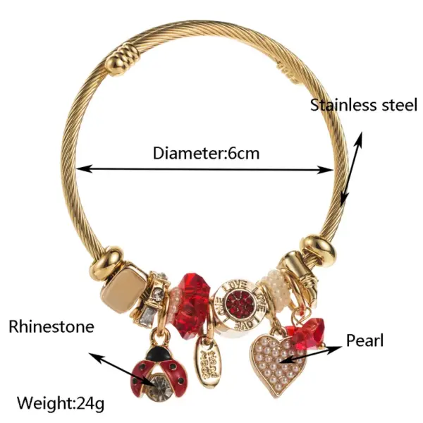 Casual Vacation Classic Style Red Heart Ladybugs 304 Stainless Steel Alloy Gold Plated Rhinestones Bangle In Bulk