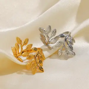 PVD Coated 18K Gold Plated Leaves 304 Stainless Steel IG Style Waterproof Non Tarnish Open Rings
