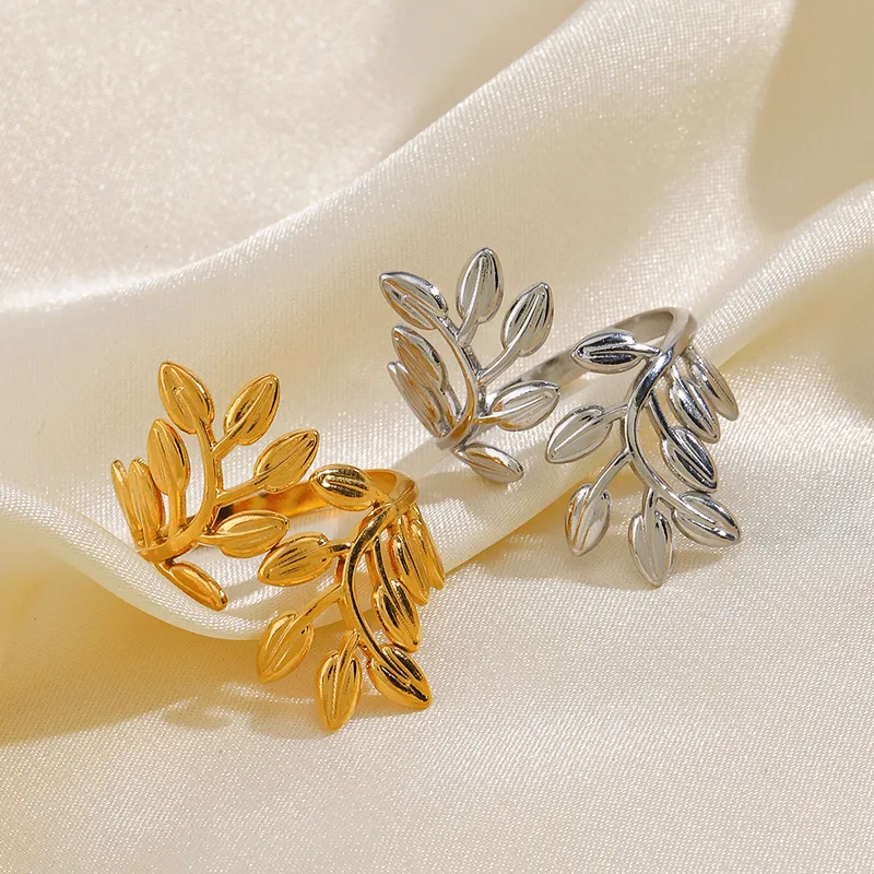 Wholesale PVD Coated 18K Gold Plated Leaves 304 Stainless Steel IG Style Waterproof Non Tarnish Open Rings