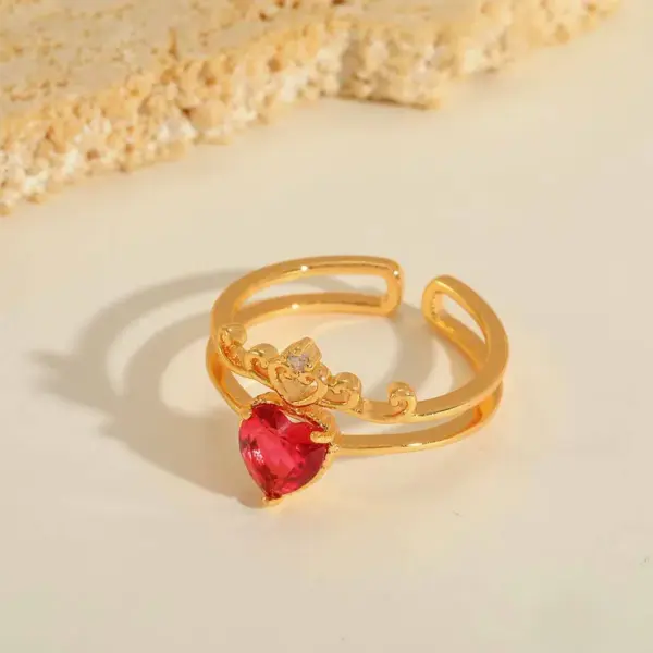 Wholesale Jewelry Cute Sweet Heart Shape Flower Copper Zircon 14K Gold Plated Inlay Open Rings
