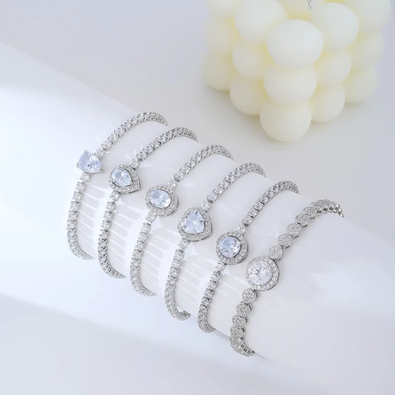 Wholesale Copper Rhodium Plated Simple Style Shiny Inlay Round Water Droplets Heart Shape Zircon Tennis Bracelet