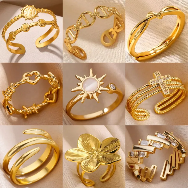 Wholesale 304 Stainless Steel Copper Geometric PVD Coated Real Gold Plated IG Style Retro Waterproof Non Tarnish Plating Open Rings