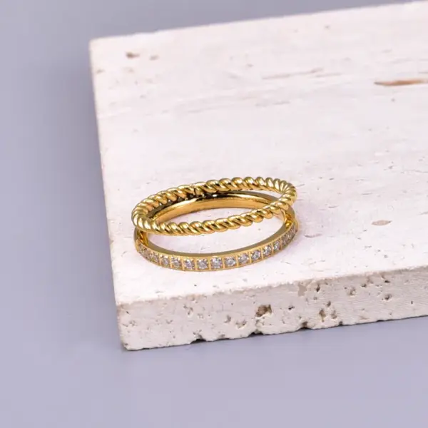 Wholesale 304 Stainless Steel Solid Color PVD Coated Zircon 18K Real Gold Plated Simple Style Classic Style Commute Waterproof Non Tarnish Plating Inlay Gold Rings