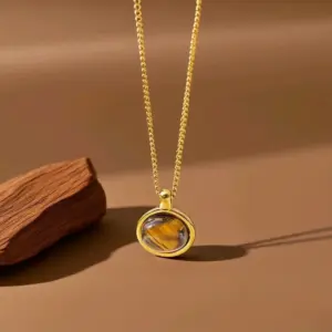 X0406-Oval Tiger Eye Stone-Necklace- Gold