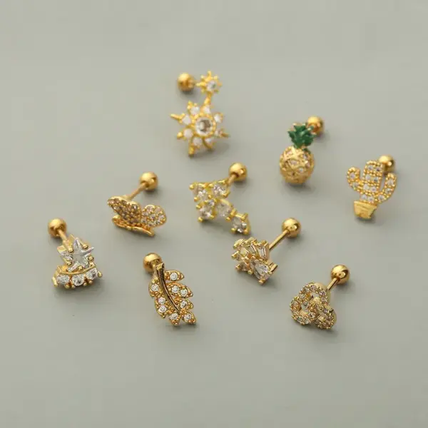 Wholesale Fashion Cactus Pineapple Copper Ear Studs Inlay Zircon Copper Earrings 1 Piece