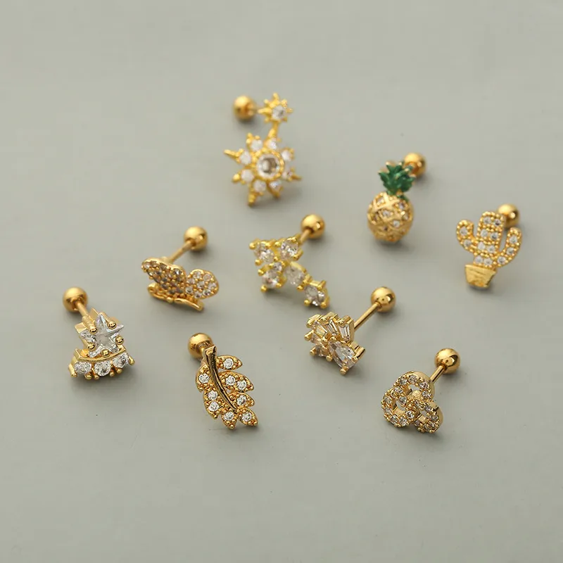 Wholesale Fashion Cactus Pineapple Copper Ear Studs Inlay Zircon Copper Earrings 1 Piece